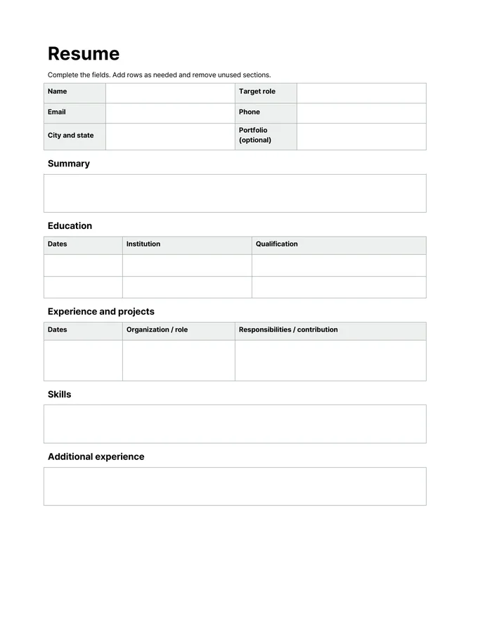 Entry-level resume template — Actual document preview