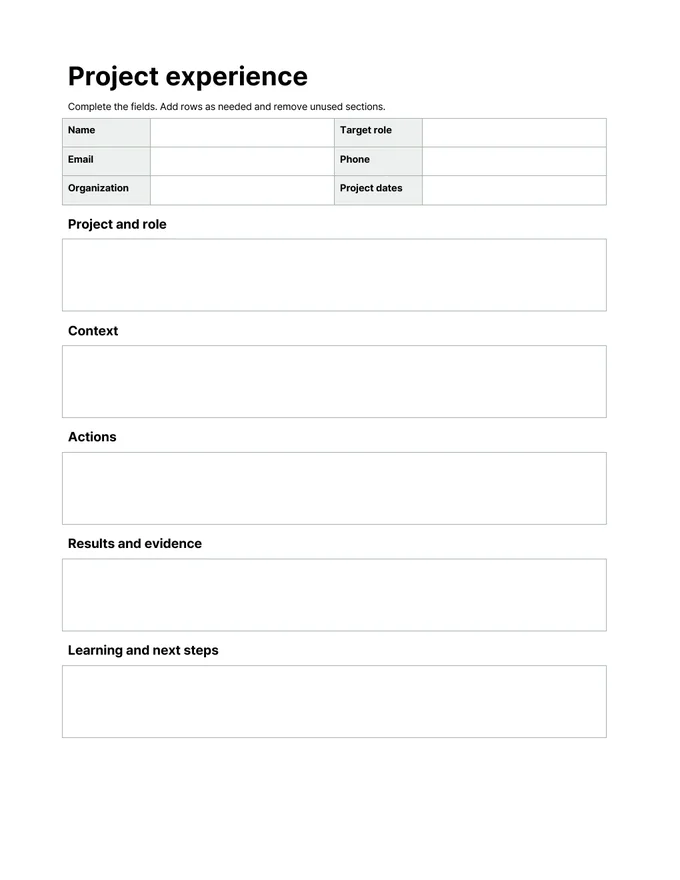 Project experience template — Actual document preview