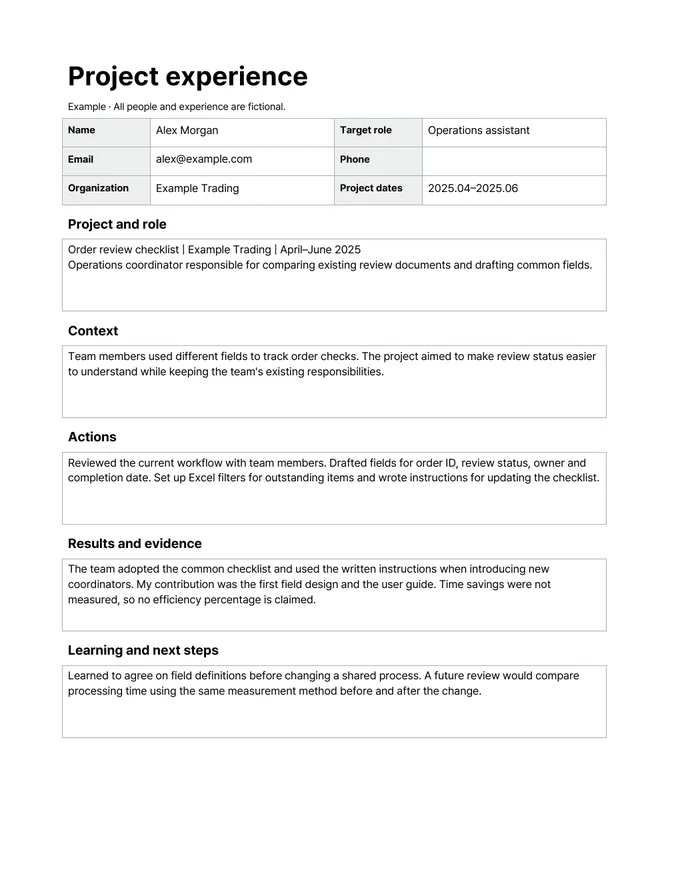 Project experience template — Writing example