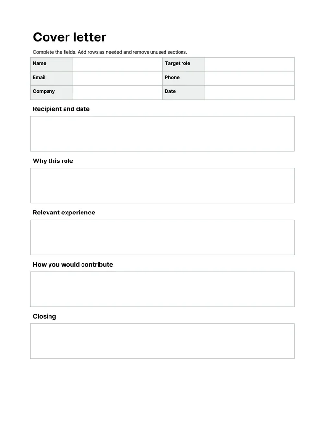 Cover letter template — Actual document preview