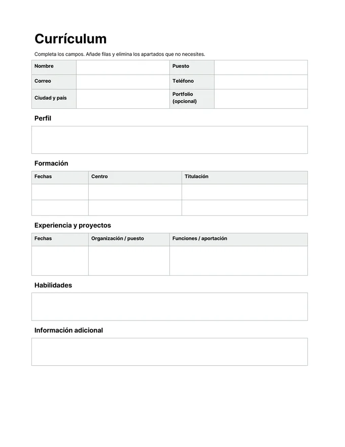 Plantilla de CV inicial — Vista previa del documento real