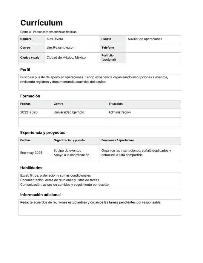 Plantilla de CV inicial — Ejemplo de redacción