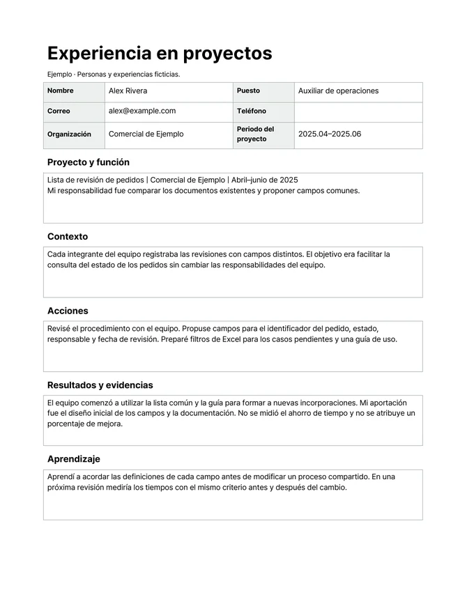 Plantilla de experiencia en proyectos — Ejemplo de redacción