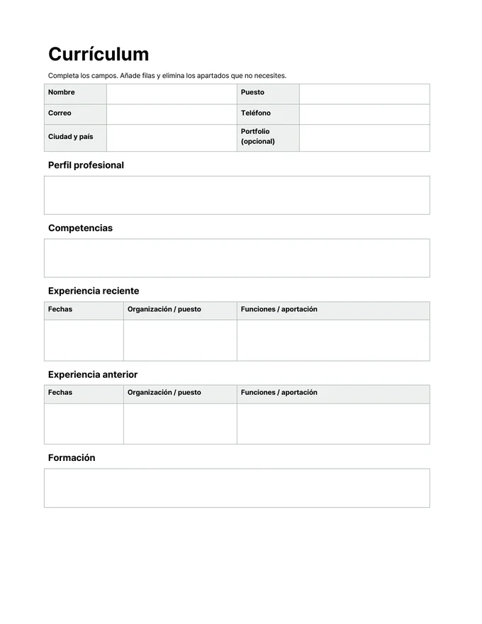 Plantilla de CV con experiencia — Vista previa del documento real