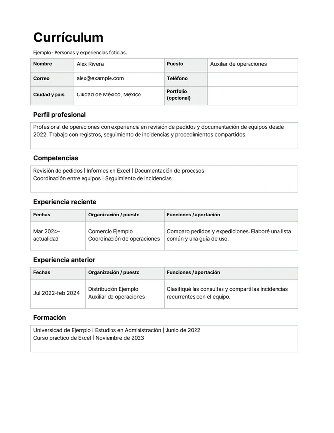 Plantilla de CV con experiencia — Ejemplo de redacción
