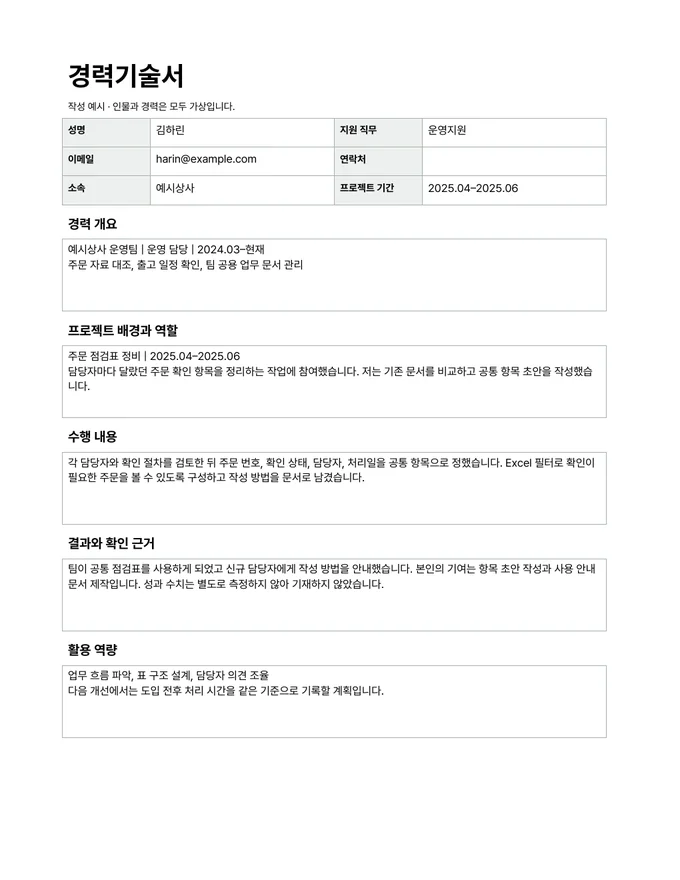 경력기술서 양식 — 작성 예시