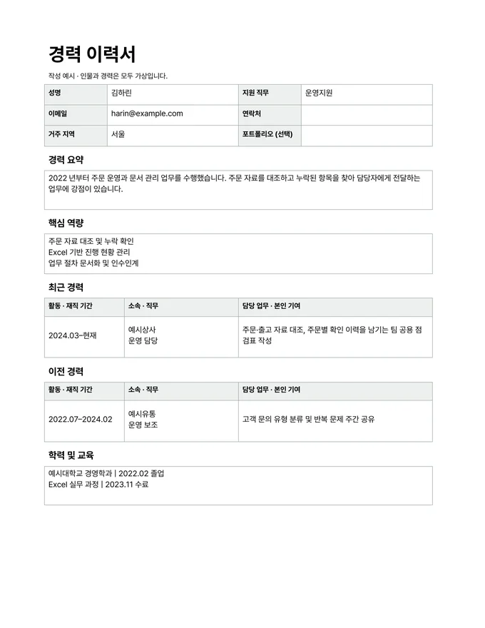 경력 이력서 양식 — 작성 예시